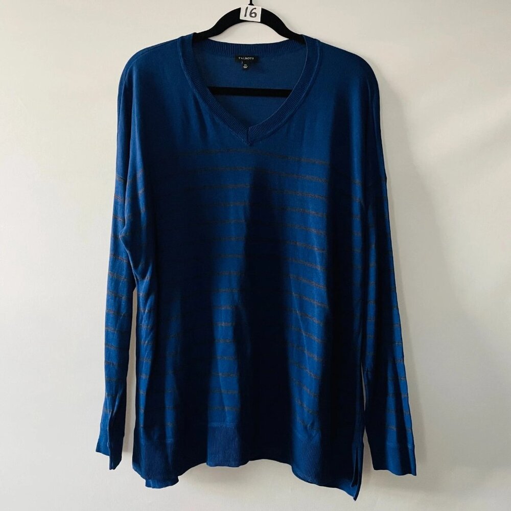 Talbots Womens Blue Black V-Neck Regular Fit Striped Pullover Sweater Size XL